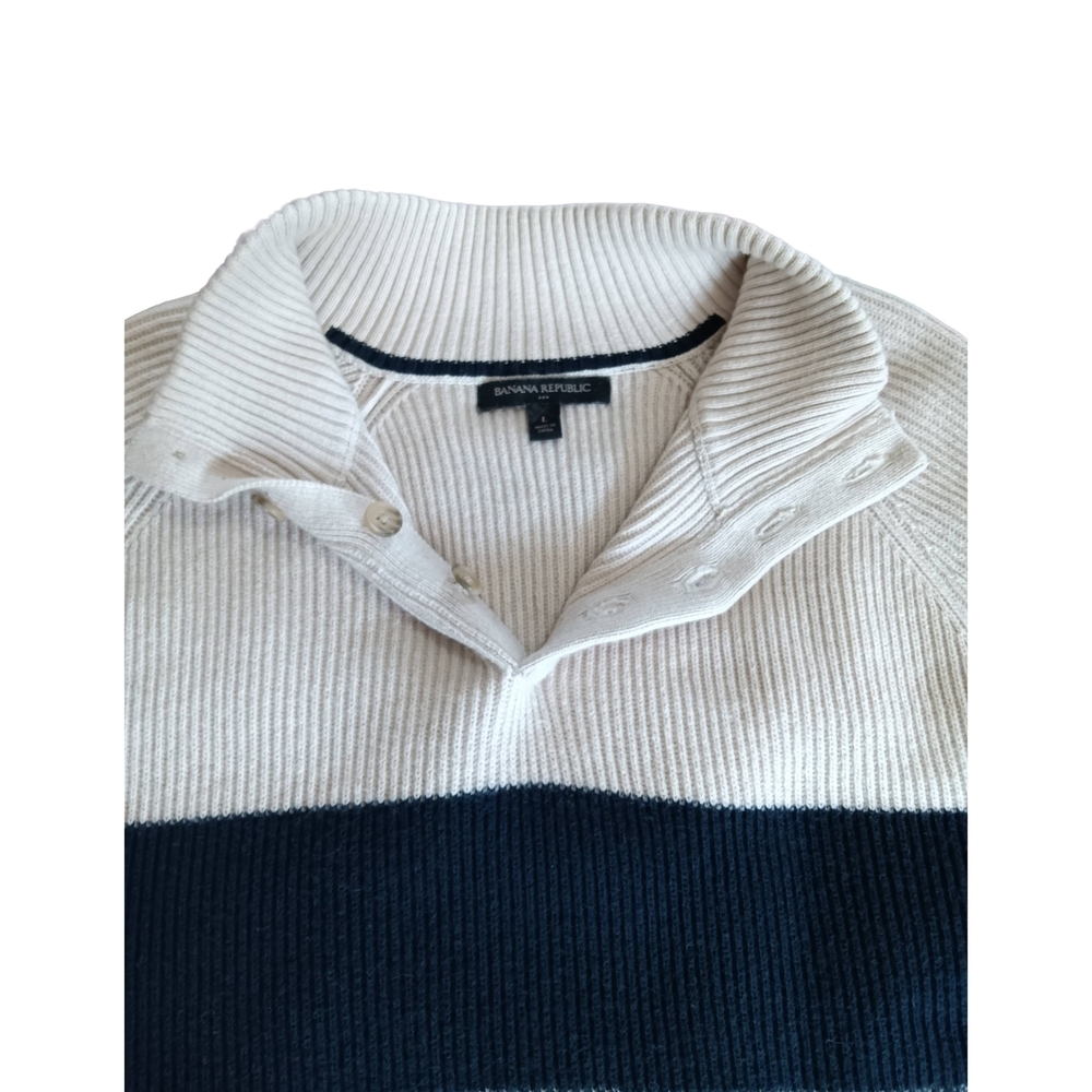 Banana Republic Men's Button Up Sweater - Cream, Navy, Gray Coastal, Preppy Sz L - Picture 10 of 11